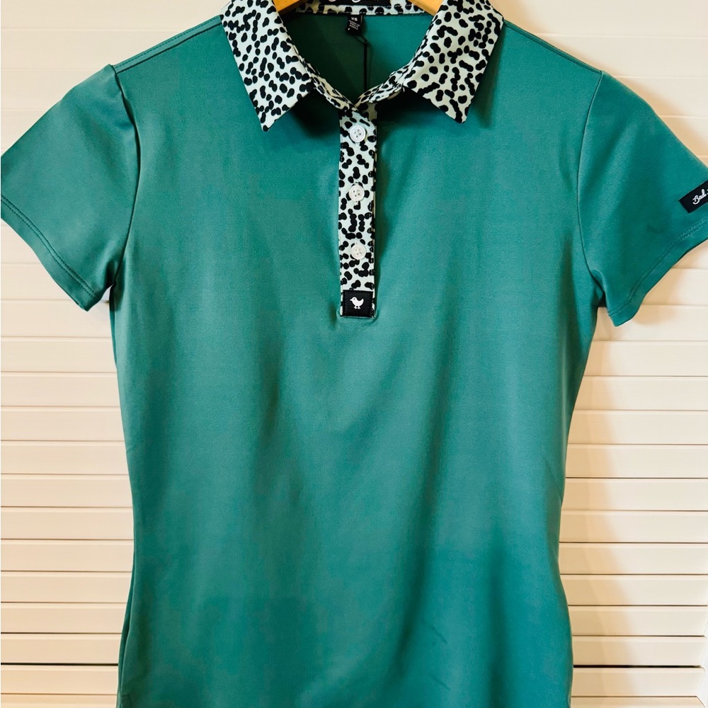 NWT Bad Birdie Green Polo Shirt with Animal Print Collar